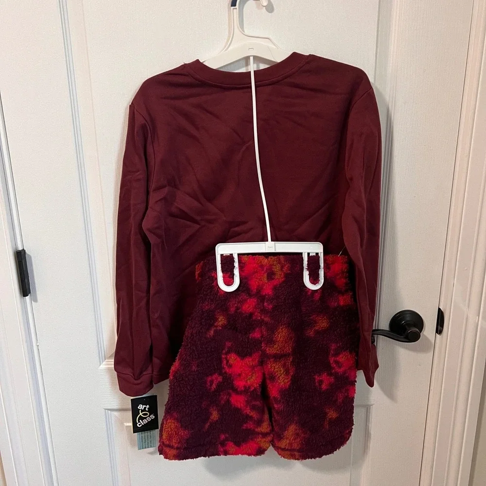 Art Class Girls Burgundy Offline Graphic Fleece Pajama Set L 12 14 Sleepwear NWT